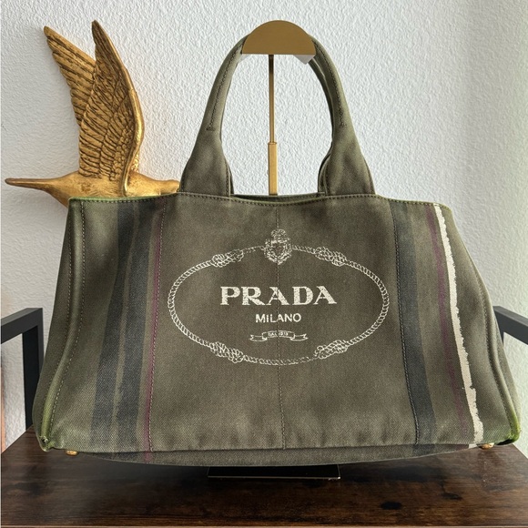 Prada Handbags - PRADA CANAPA w/COA! 🫒 DEEP GREEN with stripes ! 9”x 16”x10”